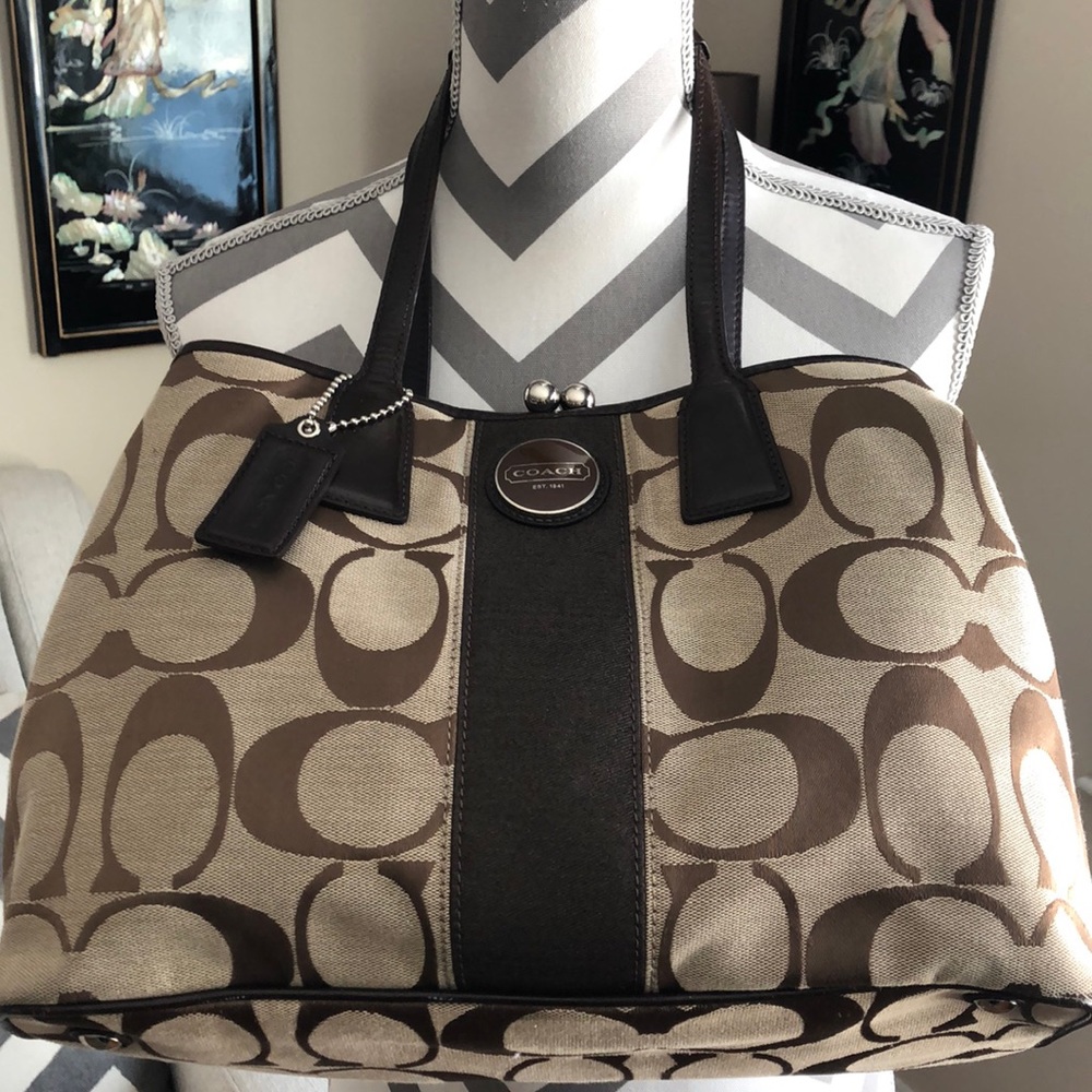 Coach Signature Striped Framed Carryall Satchel